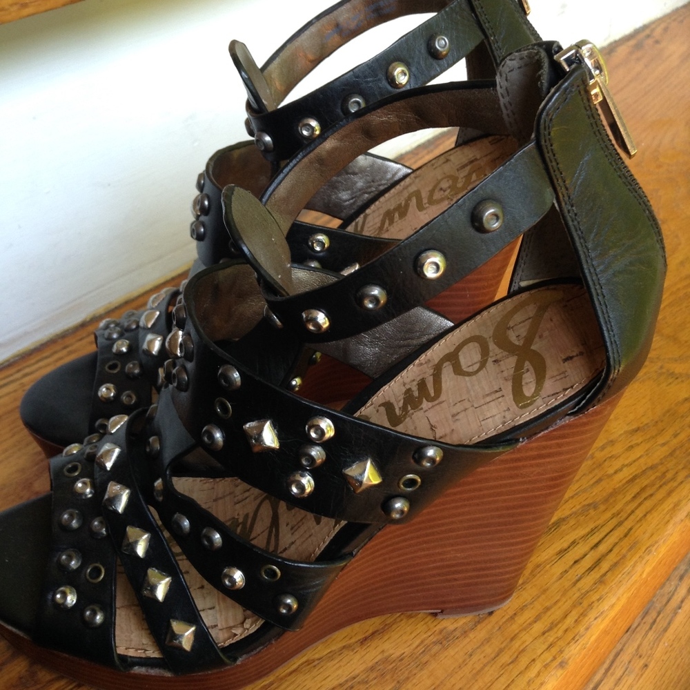Sam Edelman Studded Black Leather Wedges